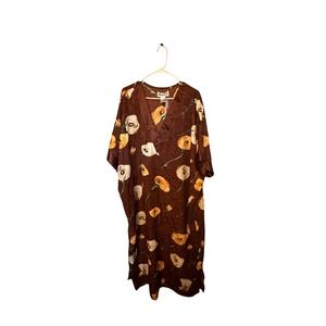 Winlar Brown Floral Calla Lily Kaftan Lounger V-Neck Satin Maxi Dress One Size